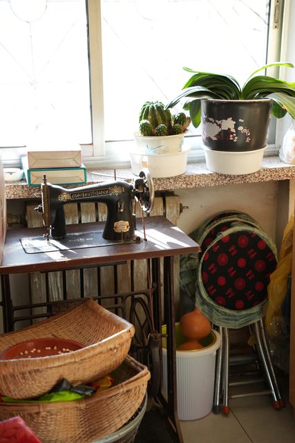 An old sewing machine table by a sunny window with potted plants and woven baskets