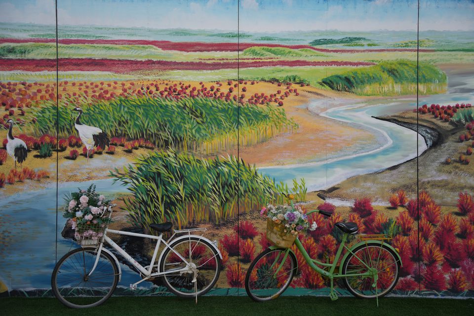 Two bicycles with flower baskets parked against a painted mural of wetlands and cranes