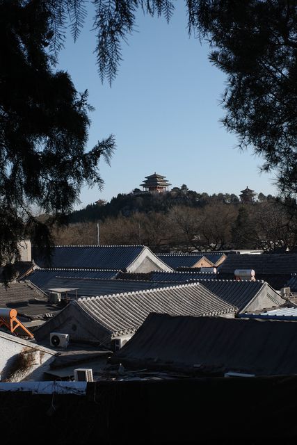 Grey tiled rooftops with a hilltop pavilion in the distance, framed by pine branches